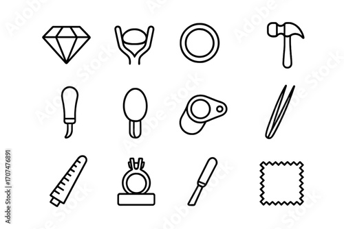 Jewelry Tool Icons. Outline icon set of stone setting: gemstone, prong setting, bezel, hammer, burnisher,