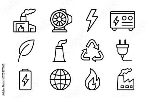 Renewable Energy Icons. Outline icon set of renewable energy from waste: incinerator, turbine, electric bolt,