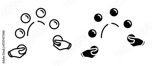 Line icon. Hands of a circus juggler skillfully juggles balls in front of the audience. Simple black and white vector isolated on white background