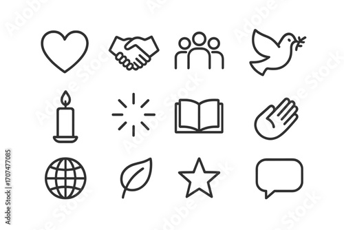 Compassion Icon Set. Outline icon set of compassion and empathy: heart, handshake, group of people, dove,