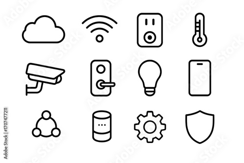 IoT Device Icons. Outline icon set of IoT devices: cloud, Wi-Fi, smart plug, thermostat, camera, door lock,