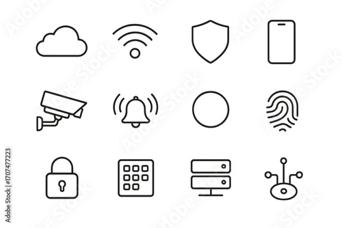 Security Icons Grid. Outline icon set of connected security: cloud, Wi-Fi, shield, smartphone, camera, alarm,