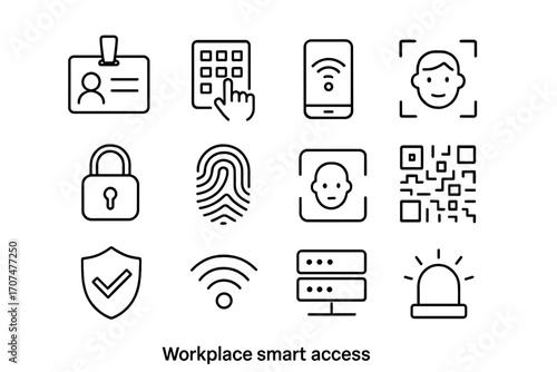 Smart Access Icons. Outline icon set of workplace smart access: ID badge, keypad, smartphone, door handle,