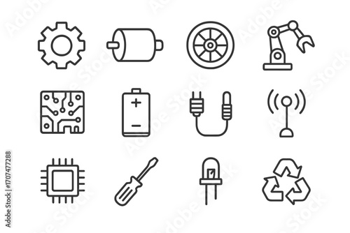 Robotics Icon Grid. Outline icon set of robotics with scrap parts: gear, motor, wheel, robot arm, circuit