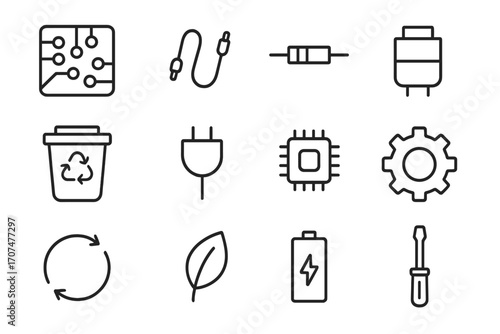 Circuit Recycling Icons. Outline icon set of circuit recycling: circuit board, wire, resistor, capacitor,