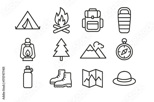 Camping Icon Set. Outline icon set of camping escapes: tent, campfire, backpack, sleeping bag, lantern, tree,