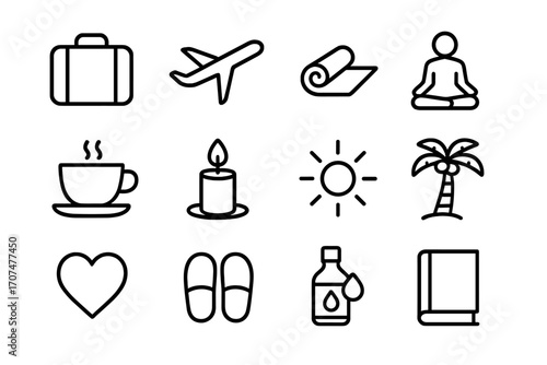 Wellness Travel Icons. Outline icon set of wellness travel: suitcase, airplane, yoga mat, lotus pose, tea cup,
