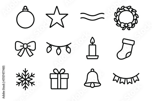 Holiday Decoration Icons. Outline icon set of holiday decorations: ornament ball, star, ribbon, wreath, bow,