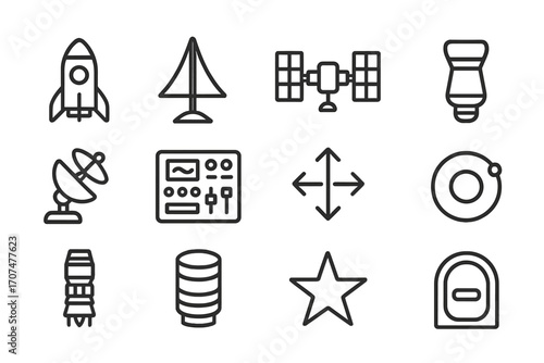 Spacecraft Icon Set. Outline icon set of spacecraft design: rocket body, sail, solar panel, thruster, antenna,