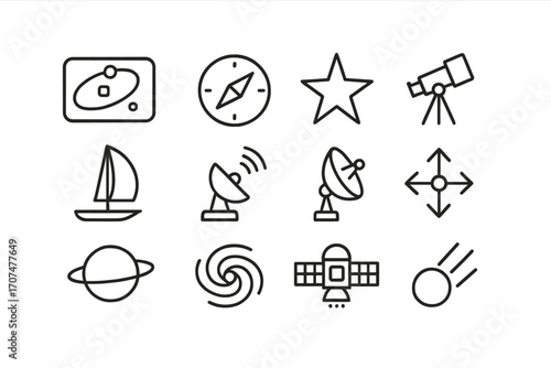 Cosmic Navigation Icons. Outline icon set of cosmic navigation: orbit map, compass, star, telescope, sail,