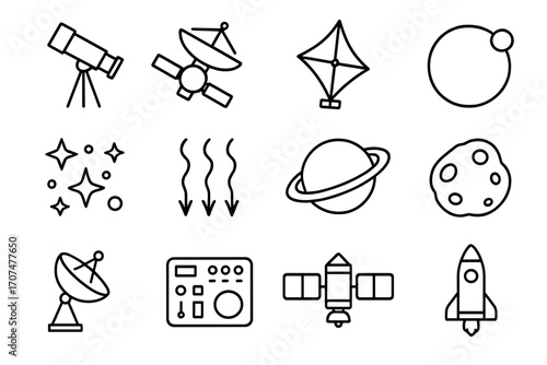 Deep Space Icons. Outline icon set of deep space missions: telescope, spacecraft, solar sail, orbit, star