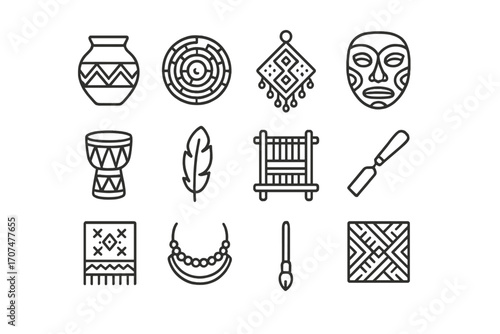 Indigenous Art Icons. Outline icon set of indigenous art and crafts: pottery, woven basket, beadwork, mask,