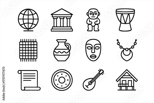 Cultural Heritage Icons. Outline icon set of cultural heritage: globe, temple, artifact, drum, woven textile,