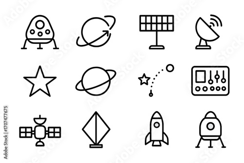 Interplanetary Mission Icons. Outline icon set of interplanetary missions: spacecraft, orbit arrow, solar