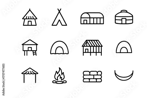Traditional Dwelling Icons. Outline icon set of traditional dwellings: hut, tipi, longhouse, yurt, stilt house