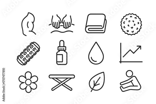 Sports Massage Icons. Outline icon set of sports massage: muscle icon, therapist hands, towel, massage ball,