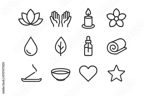 Holistic Healing Icons. Outline icon set of holistic healing: lotus icon, therapist hands, candle, flower,