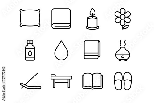 Relaxation Essentials Icons. Outline icon set of relaxation essentials: pillow, blanket, candle, flower,