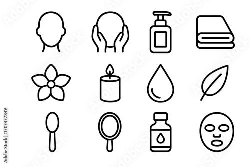 Facial Massage Icons. Outline icon set of facial massage: face silhouette, therapist hands, lotion bottle,