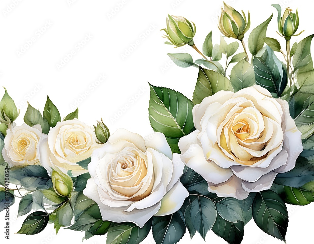 Fototapeta premium Cream roses and leaves in a corner arrangement