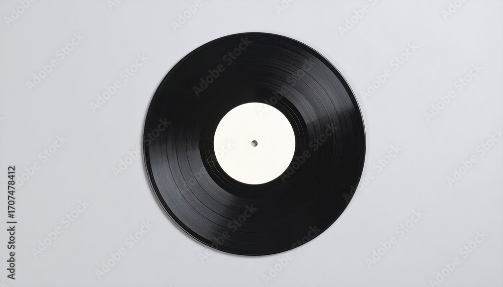 Obraz premium An overhead shot of a black vinyl record with a blank white label, set against a soft, neutral grey backdrop