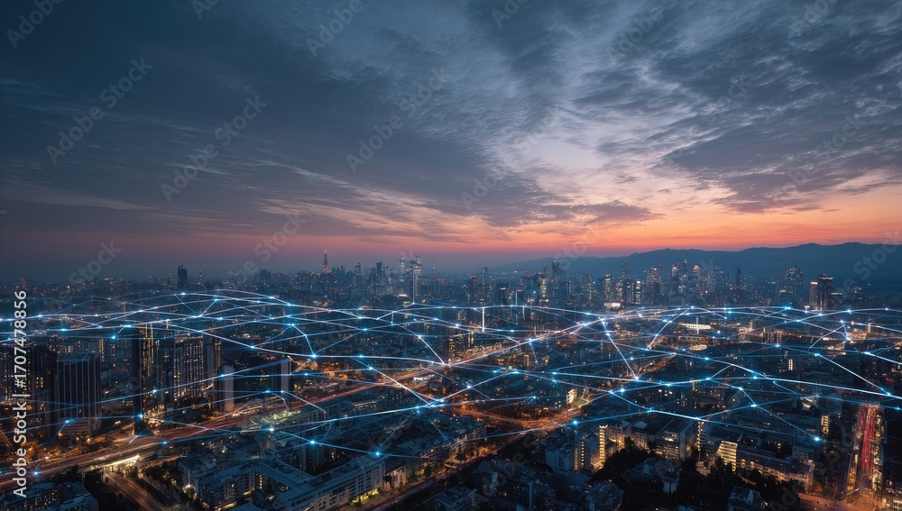Fototapeta premium Cityscape at Night with Blue and Orange Lights at Dusk High Angle View with Buildings and Cloudy Sky Panorama in the Distance Twilight Ambiance