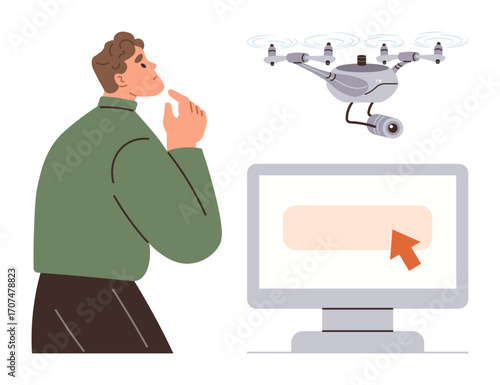 Thoughtful man observes quadcopter with camera above monitor displaying pointer, reflecting decision-making, technology use, innovation, surveillance, ethical concerns, privacy, modern lifestyle