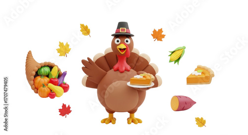 Thanksgiving Turkey Character, transparent background, cutout PNG