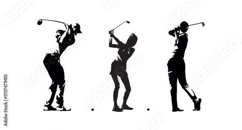 Golf, group of men and women playing golf, set of isolated vector silhouettes