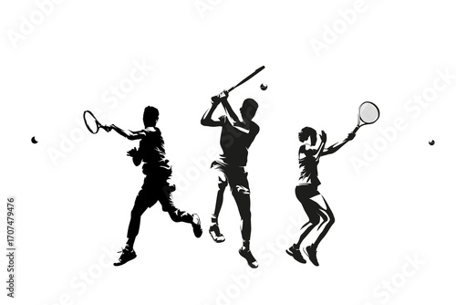 Tennis, group of men and women playing tennis, isolated vector silhouettes
