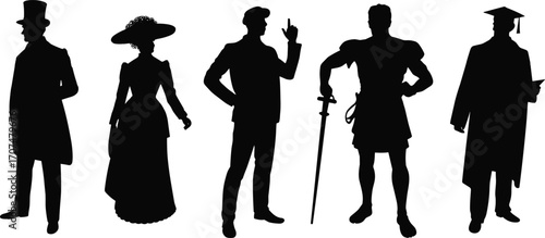 Historical costume silhouette, professional figure icon, Victorian, gladiator, graduate, speaker, black vector, role attire, era design