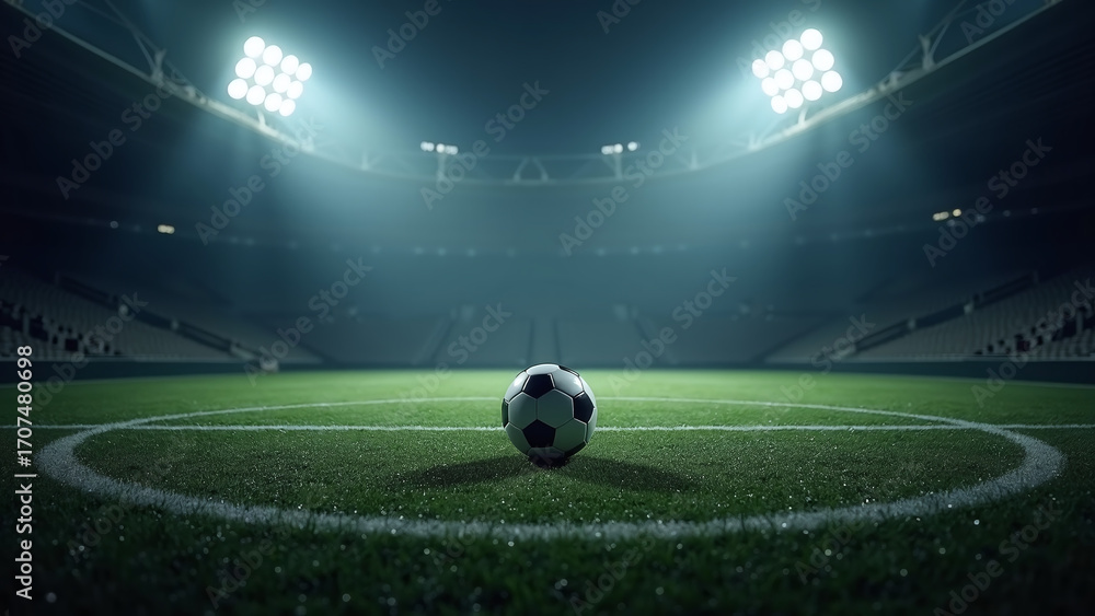 Fototapeta premium Soccer ball waits on center circle in spotlighted empty stadium. 
