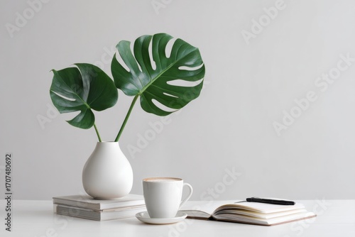 A minimal desk setup with a single large monstera leaf in a vase. An employee sipping coffee while checking their schedule. The mood feels calm.