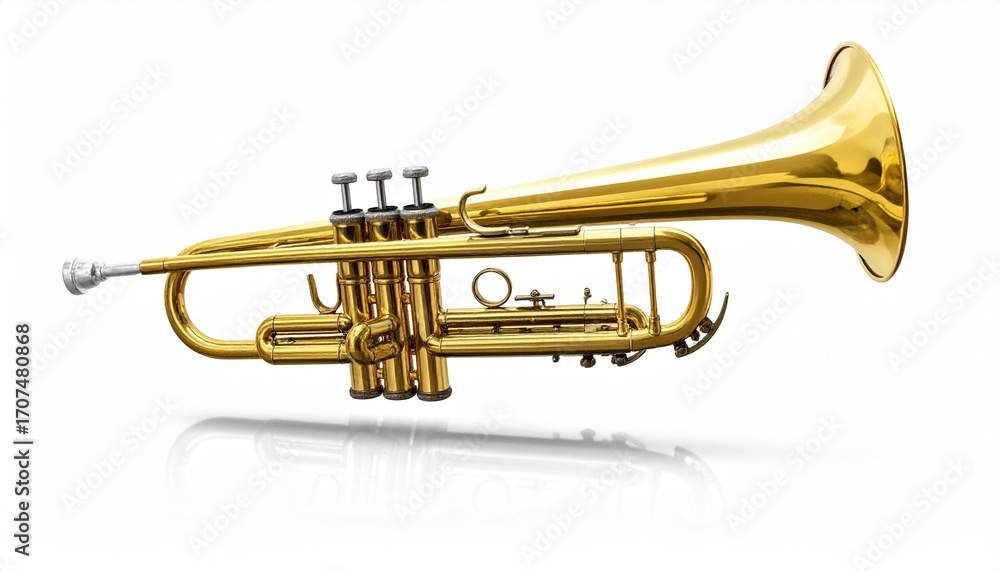 Obraz premium Brass trumpet with golden body, silver mouthpiece, flared bell, and three piston valves, placed against a white background. A classic and elegant composition ideal for music-themed branding, editorial