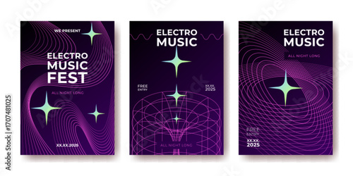 Dark backgrounds with electro wave patterns, glowing music stars and flowing sound lines for festival designs. Neon grid gradient wireframe elements for nightclub events or electronic party promotion