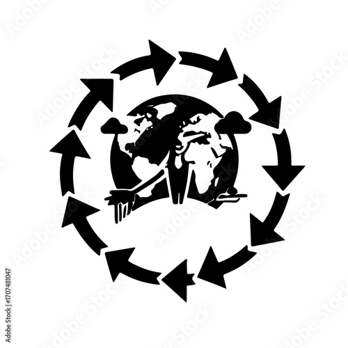 A black and white icon of the Earth with a circle of chasing arrows around it. This design represents the circular impact of our actions on the planet and the importance of education 