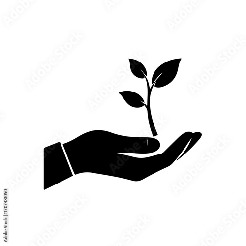 A black and white icon of an open hand holding a growing sprout. This image symbolizes the role of humanity as a protector and guide for nature's growth, not a destroyer