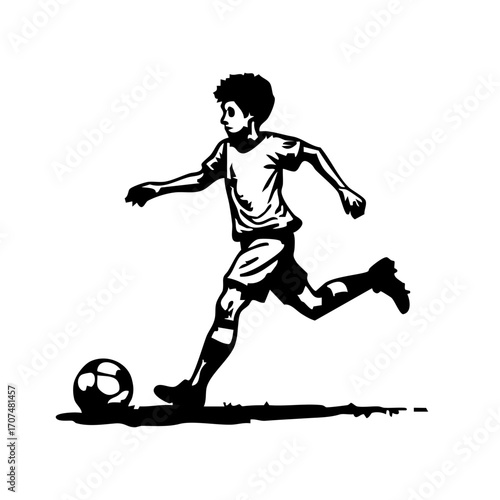 A black and white illustration depicts a young boy actively kicking a soccer ball, captured in mid-action with a dynamic posture against a plain white background