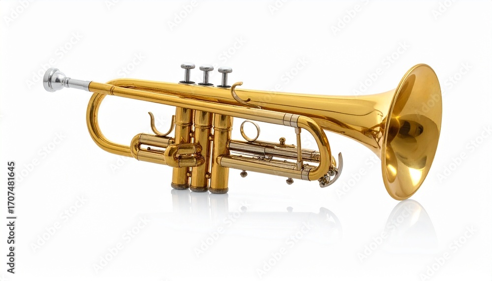Obraz premium Brass trumpet with golden body, silver mouthpiece, flared bell, and three piston valves, placed against a white background. A classic and elegant composition ideal for music-themed branding, editorial