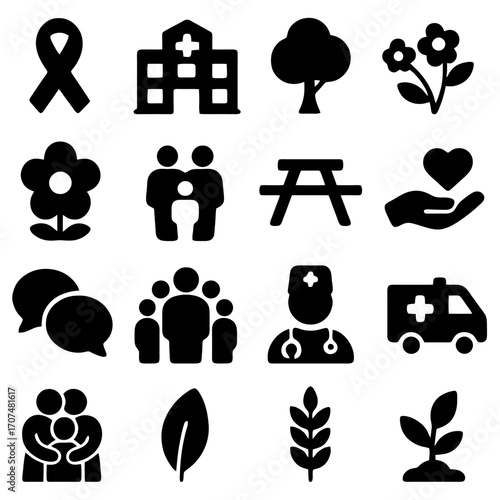 Icons of life and hope: A set of simple icons that embody community, health, and environmental values. A comprehensive symbol for care, nature, support, wellness and medical.