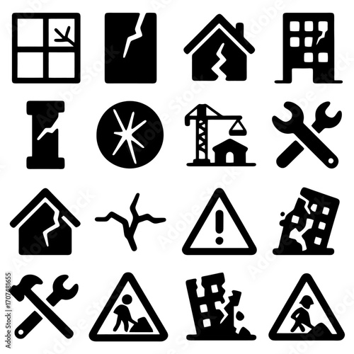   Damage and Destruction: A striking monochrome set of illustrations depicting various states of damage and destruction, featuring fractured buildings, cracked surfaces, and hazard symbols.