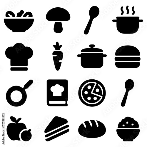 Culinary Essentials Icon Array: A comprehensive set of illustrated culinary icons showcases diverse food items and cooking tools, artfully arranged to highlight the world of gastronomy.