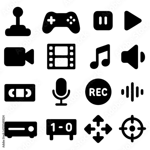 Modern Media Icons: A collection of sleek, black media icons represents different aspects of modern digital content and interactivity, set against a clean backdrop. 