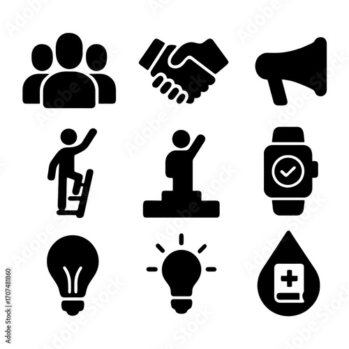Iconic Collection of Business & Social Symbols: A cohesive array of iconic black-and-white symbols, representing collaboration, communication, and innovation.