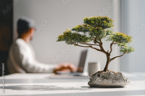 A minimalist desk with a single bonsai tree beside a laptop. A worker typing slowly, enjoying the fresh scent of greenery. The mood feels serene, Generative AI