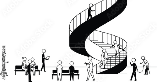 spiral staircase, double helix, silhouette, people, walking, sitting, talking, reading, architecture, railing, public, space, social, interaction, vector, black, white, movement, structure, communal