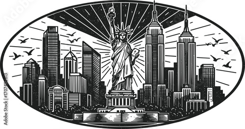 Statue of Liberty, New York, skyline, silhouette, skyscraper, city, building, torch, freedom, landmark, USA, vector, black, white, emblem, architecture, urban, symbol, travel, iconic