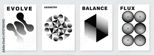 Modern abstract graphic art series illustrating concepts of discovery, innovation, collaboration, and personal development through vibrant gradients and dynamic shapes