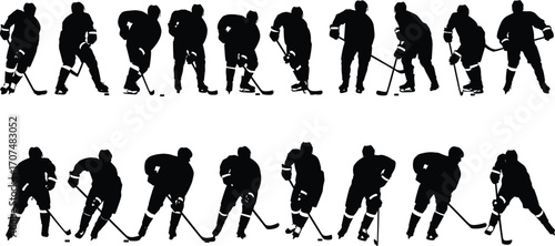 Ice hockey silhouette, skating player, puck action, sports gear, dynamic pose, black vector, team sport, helmet, stick, movement
