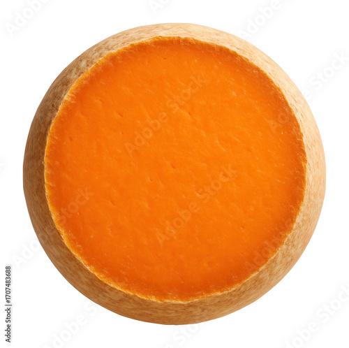 Round wheel of mimolette cheese with a hard texture
